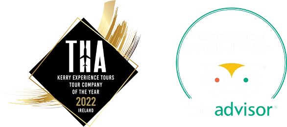 Award badges for Kerry Experience Tours: Tour Company of the Year 2022 and TripAdvisor Certificate of Excellence 2015 to 2020.